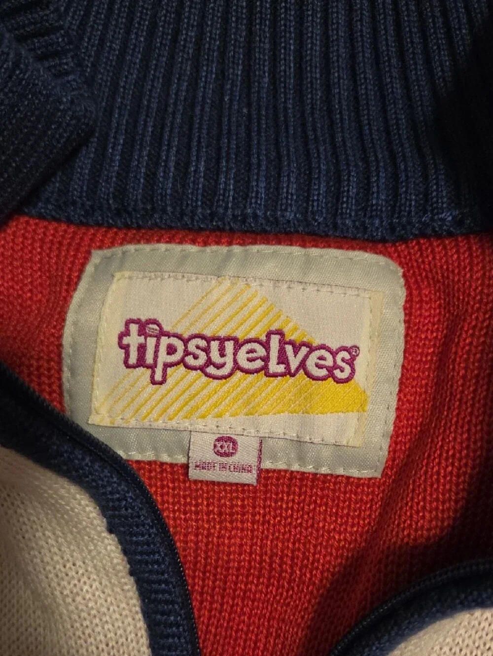 TipsyElves Navy, Red & White Chevron Zip Sweater- Xxl